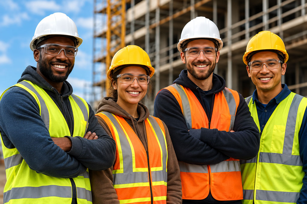Skilled trades participants in hard hats and safety vests on a construction site